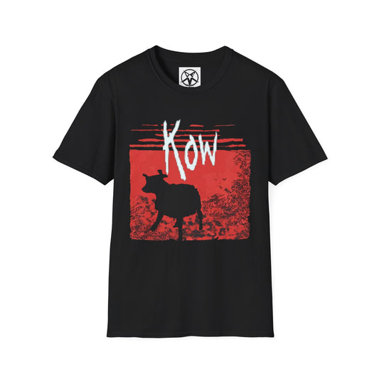 Cow Graphic T-Shirt — Distressed Red Cow Silhouette with “Kow” Text
